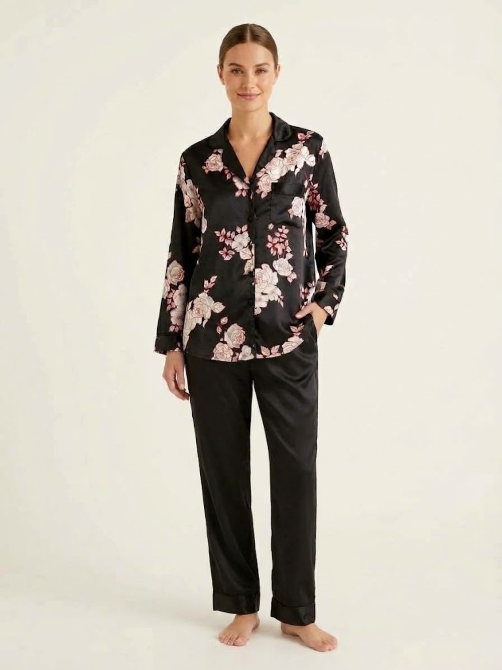BALI Studio Collection Black Satin Floral Pajama Set with Pink Roses. Size Large
